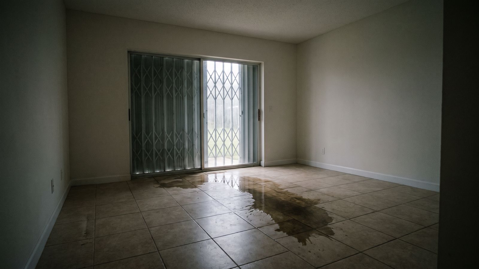 Storm water tracked across tile at a shuttered slider Hurricane water damage on a tile floor, water tracked in from a sliding glass door with closed accordion storm shutters