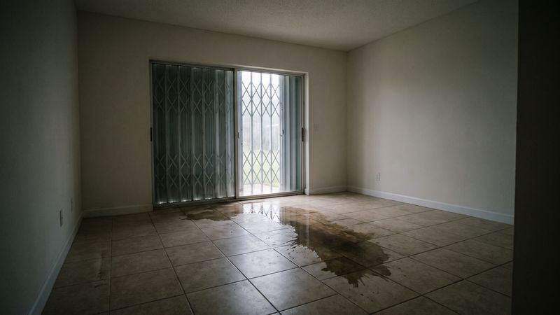 Hurricane water damage on a tile floor, water tracked in from a sliding glass door with closed accordion storm shutters