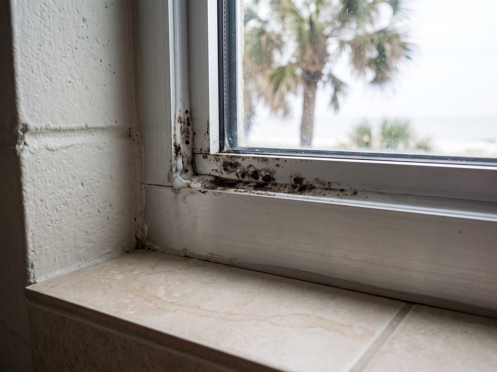 Growth on Window Sealant Aventura | Restoration Doctor Dark growth along the sealant bead at the corner of an aluminum window frame in an Aventura condominium.