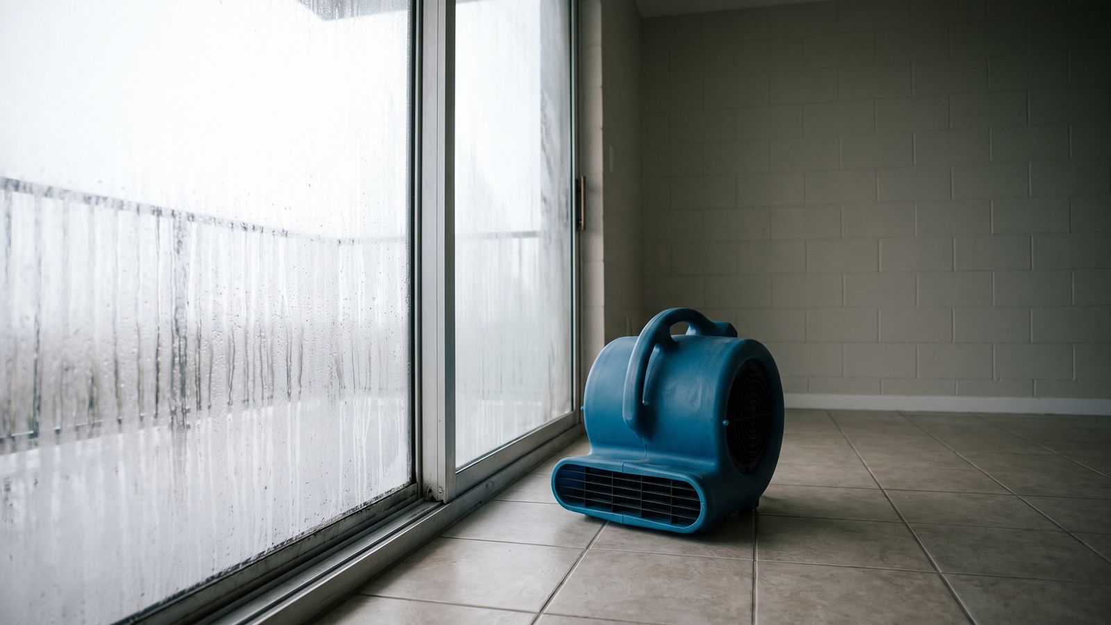 Air Movement Across Impact Glass | Restoration Doctor Blue air mover on tile floor aimed along a condensation-streaked impact slider in an empty condo room.