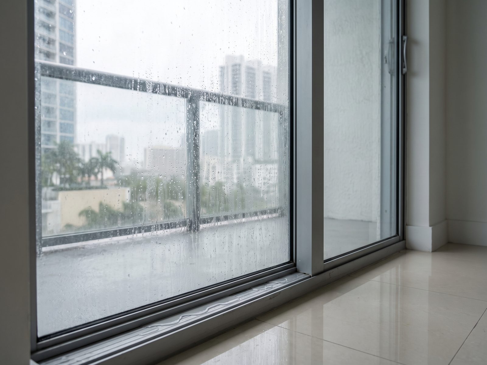 Condensation beading on the inside of a floor-to-ceiling impact sliding door in a Brickell high-rise.