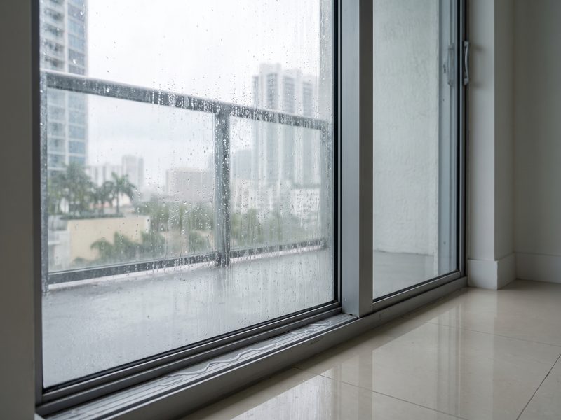 Condensation beading on the inside of a floor-to-ceiling impact sliding door in a Brickell high-rise.