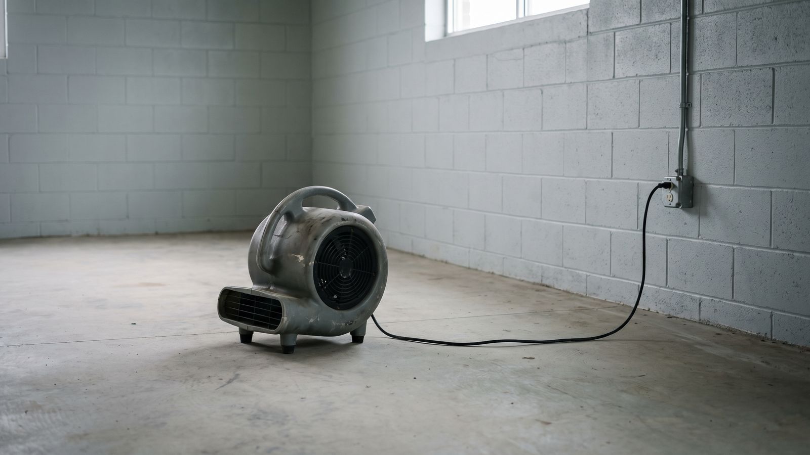 One Air Mover, Plugged In A single gray air mover on a bare concrete floor, its cord plugged into a wall outlet beside a painted block wall.