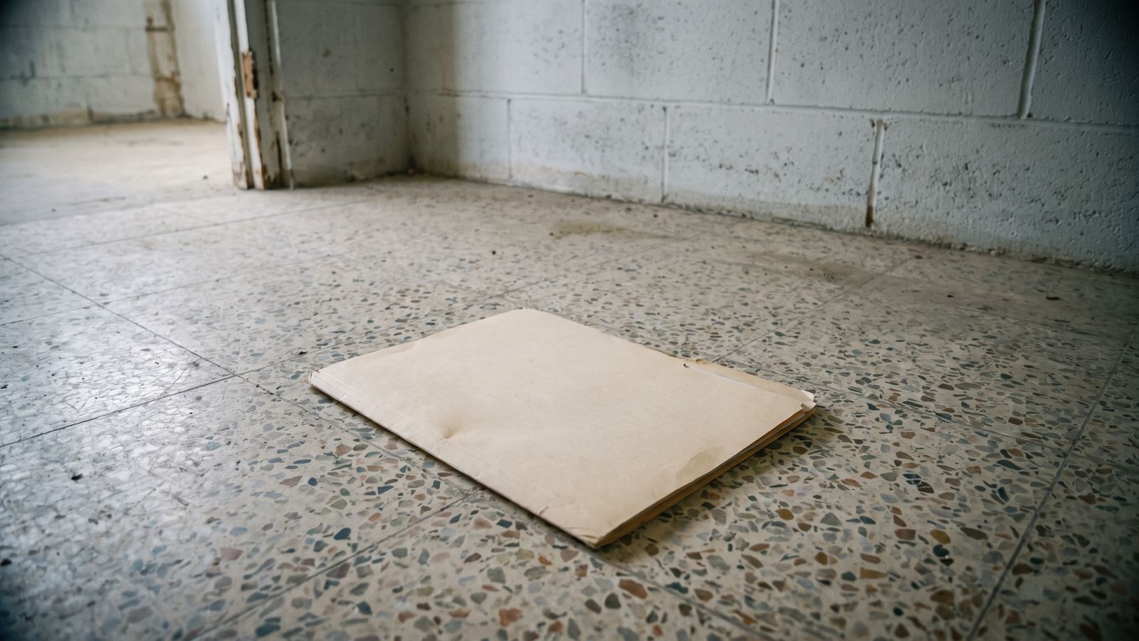 The Closed File on the Floor A plain closed folder resting alone on a terrazzo tile floor in an empty room with a bare painted block wall.