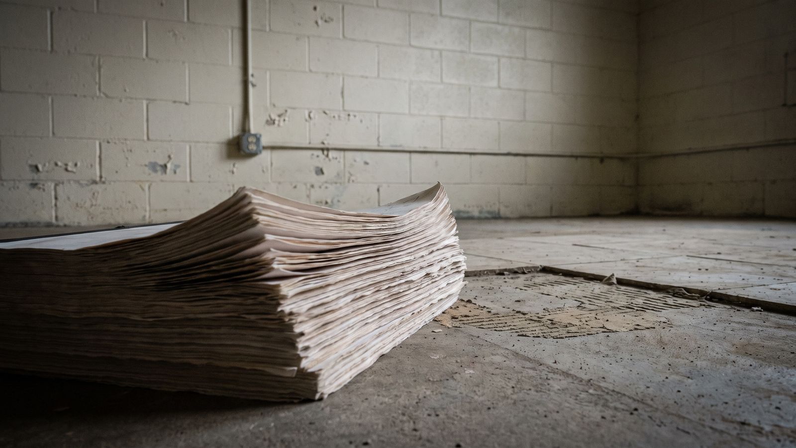 A Thick Stack of Loose Pages, Edge On The stacked edges of a thick pile of loose printed pages resting on a bare concrete floor beside a painted block wall.