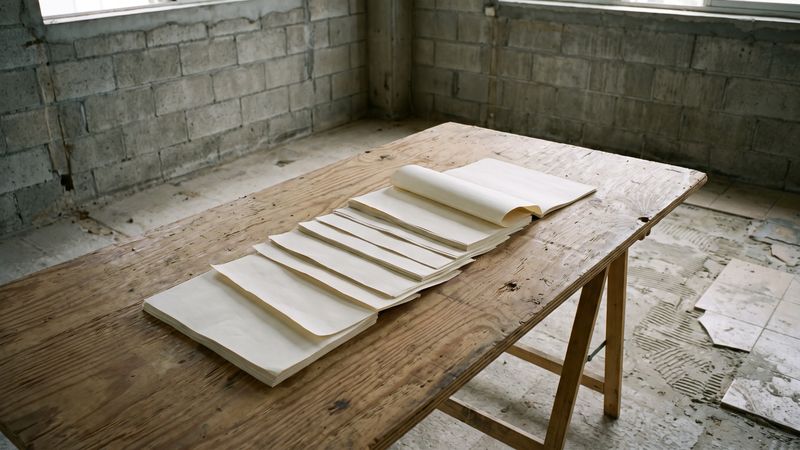 A thick stack of unmarked printed pages fanned open on a wood table in a room with bare block walls and broken tile.