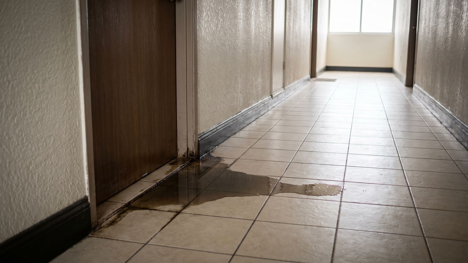 Water Loss in a Florida Condo Corridor | Restoration Doctor Water spreading from under a closed unit door across the tiled corridor of a Florida high-rise condo building.