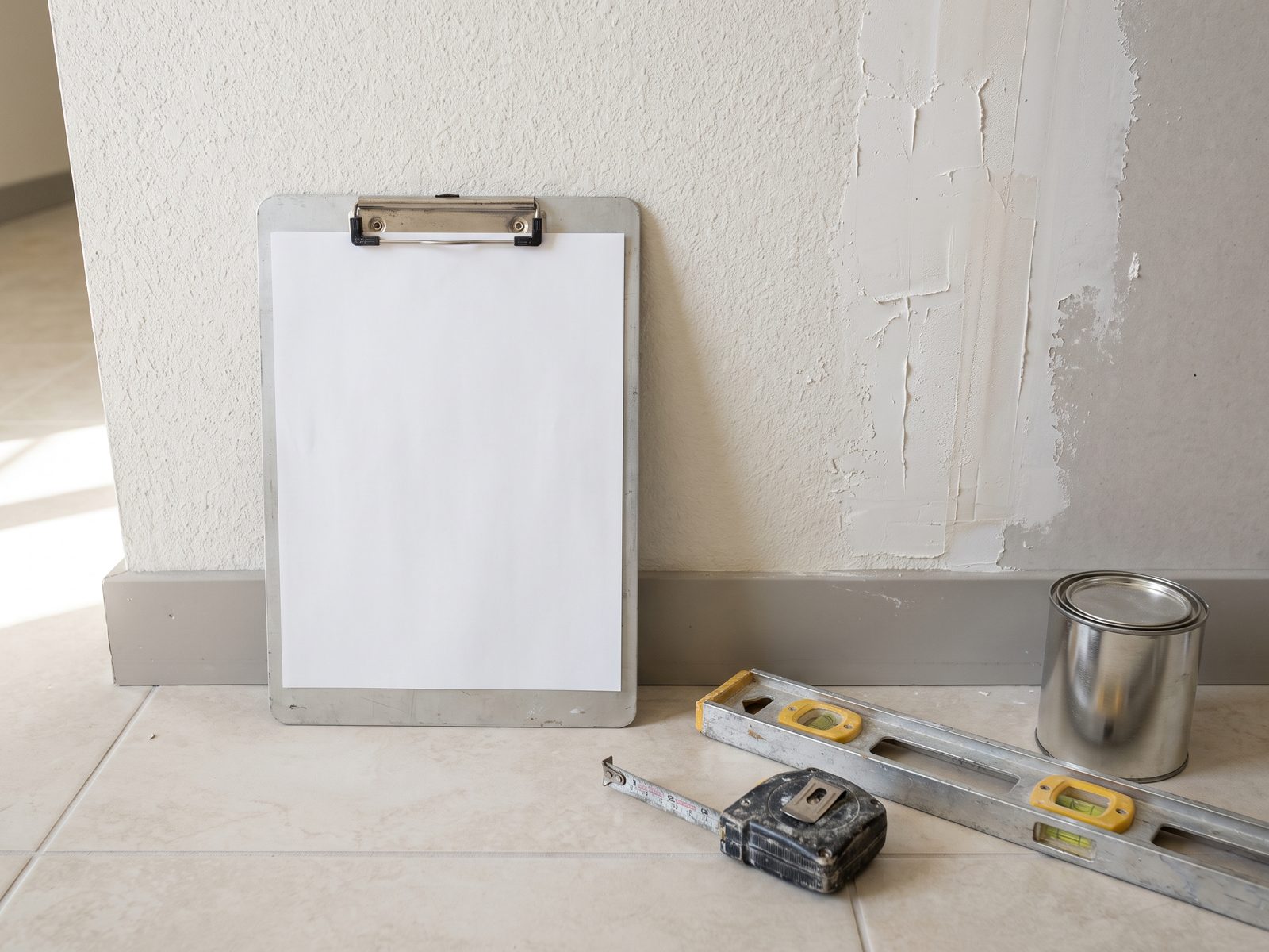 Repair Inspection Milestone Florida | Restoration Doctor Clipboard, level and tape measure resting against partially repaired drywall in a bright Florida interior.