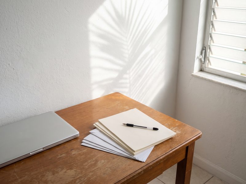 Lender correspondence and a pen on a desk in a South Florida home, palm shadow falling across the wall.