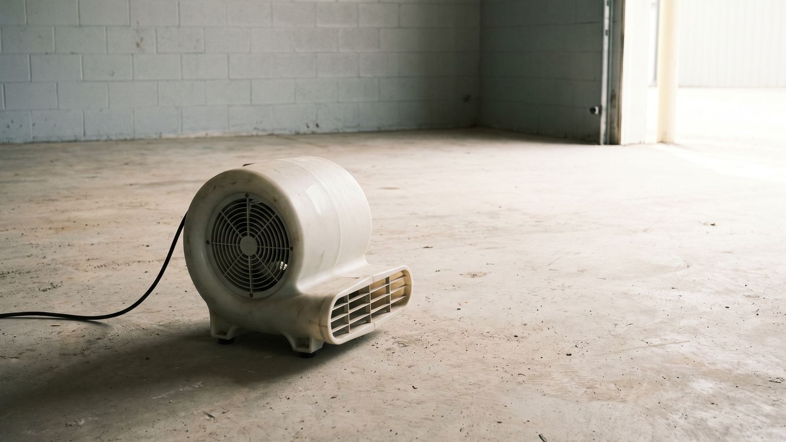 One Machine on a Bare Slab A single air mover on a bare concrete slab in a daylit empty room, its power cord trailing to the left.