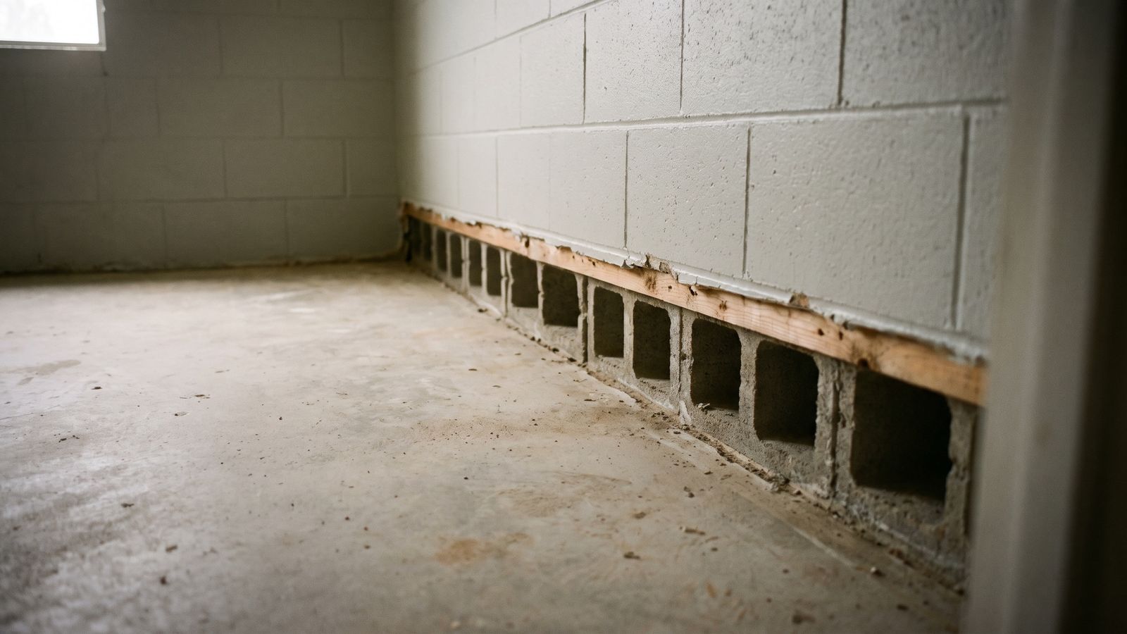 Scope Is Set by What Is Behind the Wall A painted concrete block wall cut open at the base, exposing block cores and a wood furring strip.