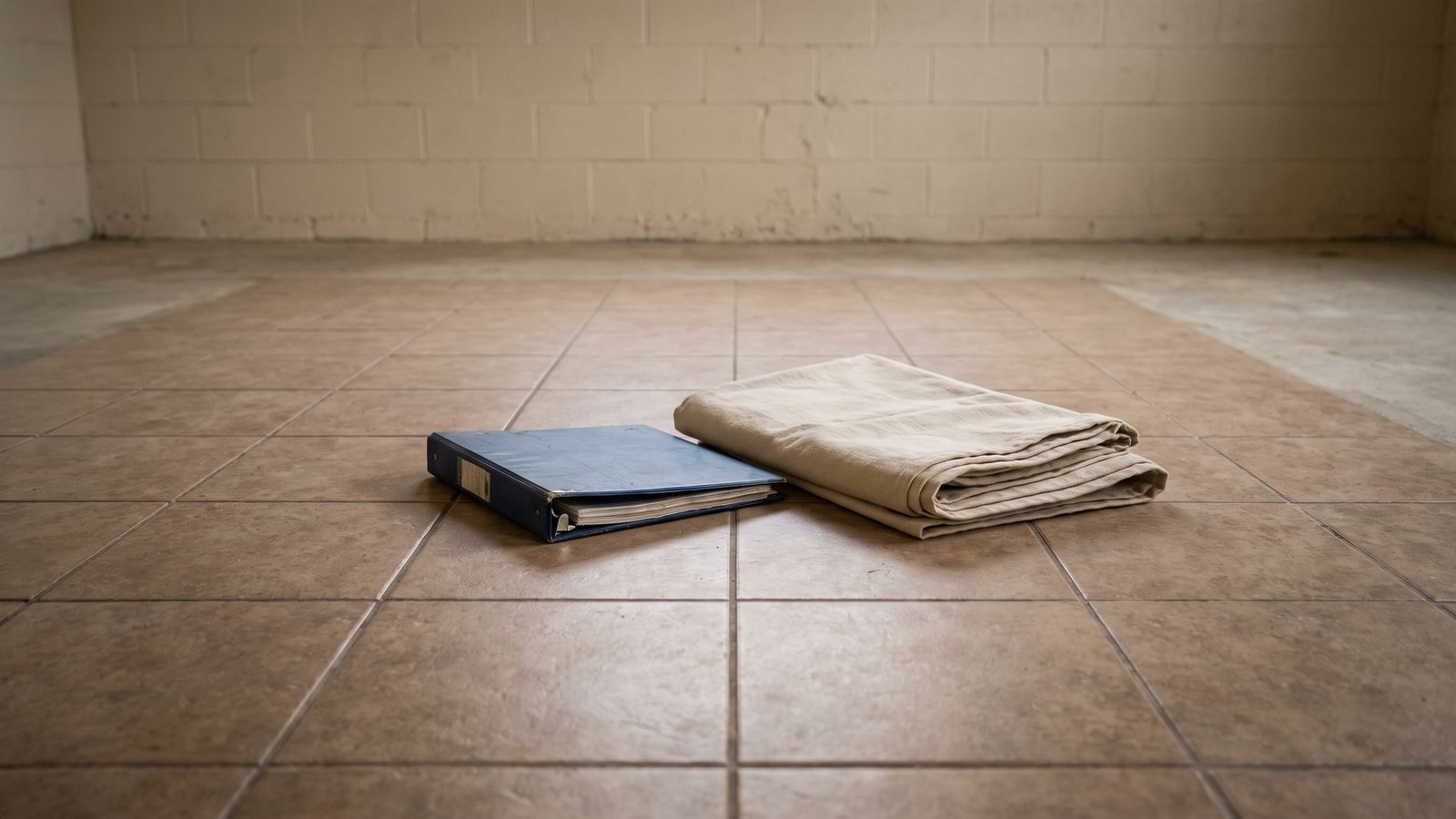 The File You Are Handed at the End A closed binder resting on a tile floor beside a folded drop cloth in an empty room.