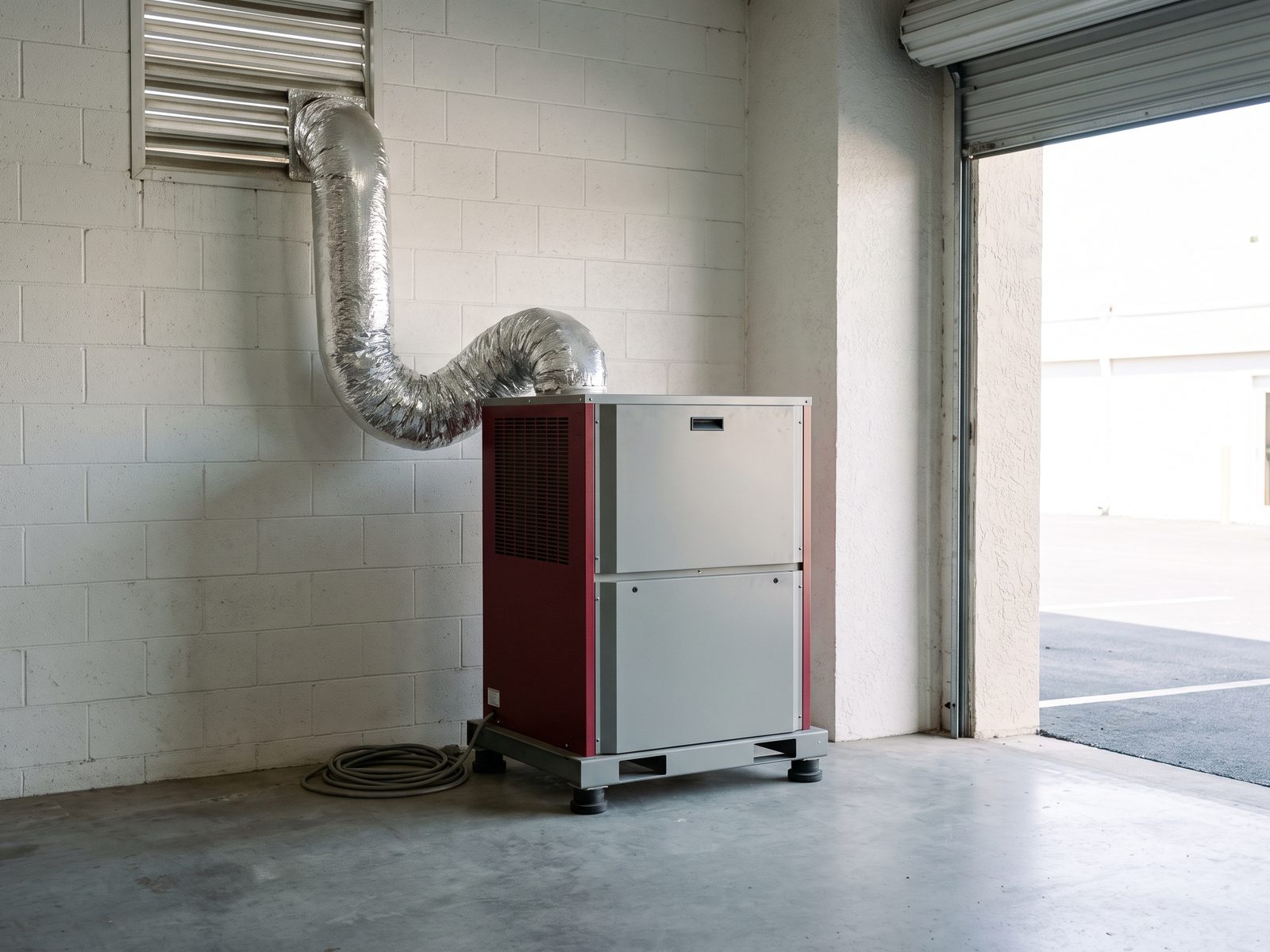 Desiccant Dehumidifier Staged On Site | Restoration Doctor Desiccant dehumidifier with flexible ducting staged in a utility area of a South Florida building.