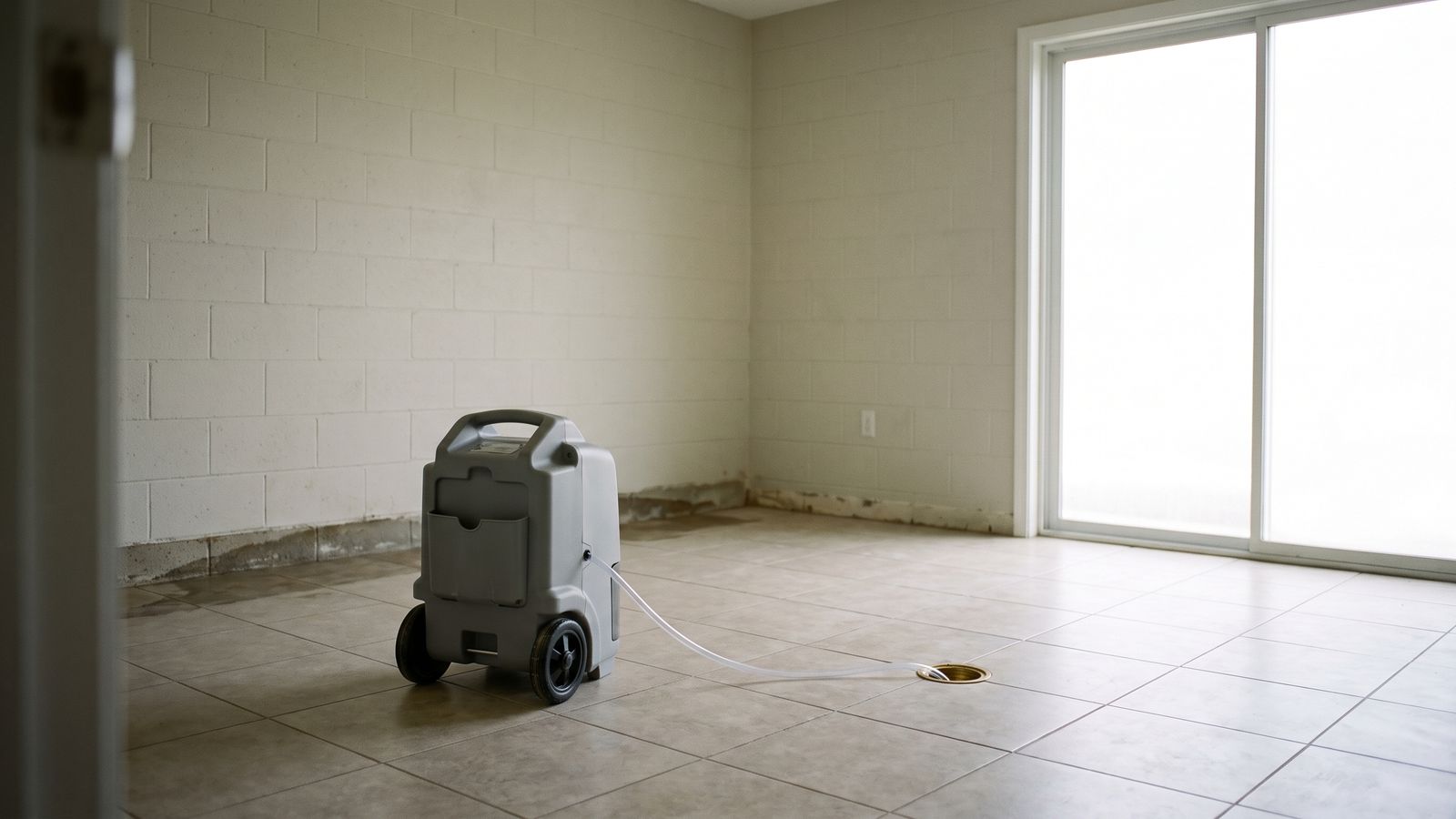 Dehumidifier Draining to a Floor Drain | Restoration Doctor Wheeled dehumidifier draining through a clear line into a floor drain in an emptied block-walled South Florida room.