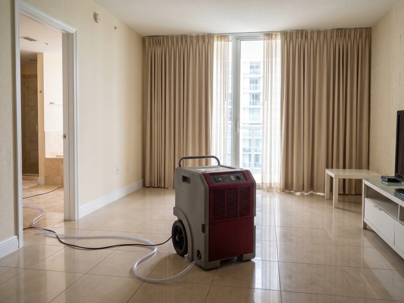 Low-grain refrigerant dehumidifier running on a tiled floor in a Brickell condominium with condensate hose.