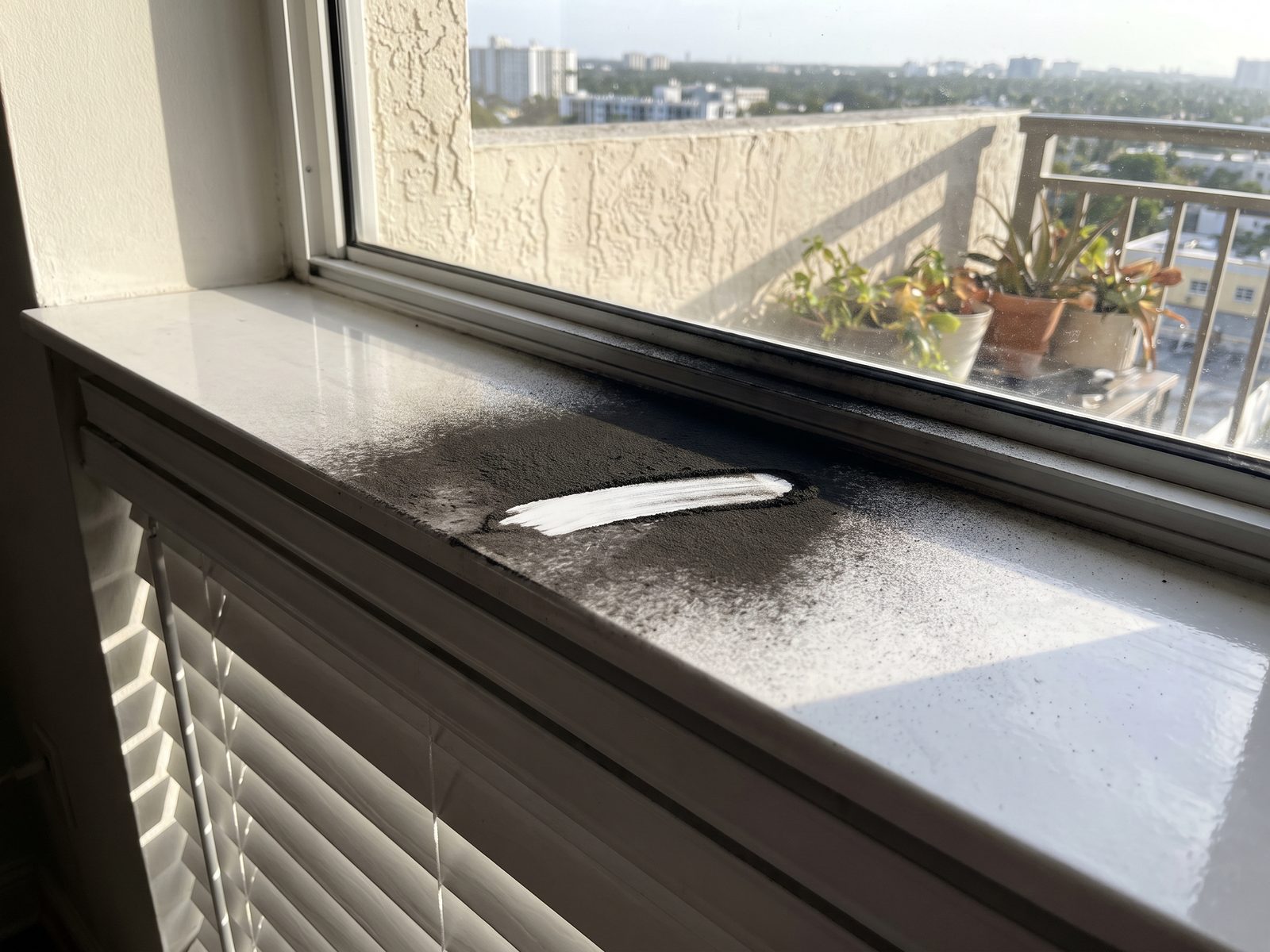 Smoke Residue on Interior Surfaces | Restoration Doctor Fine dark smoke residue settled on a white window sill and blind slats in a South Florida apartment.