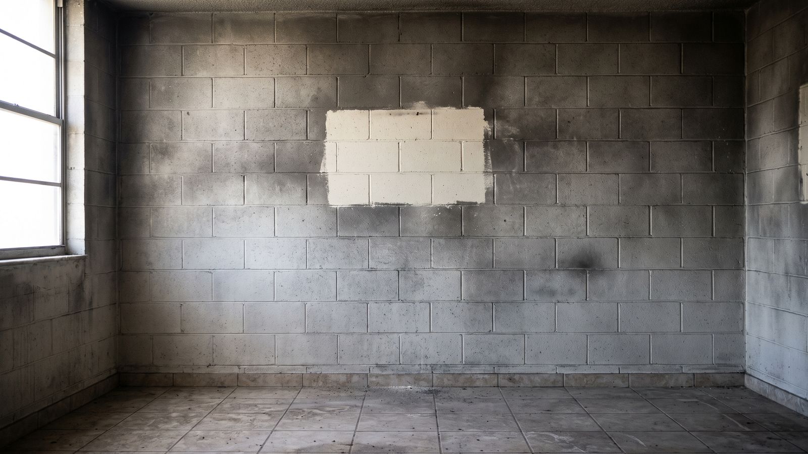Dry Soot Test Patch After a Battery Fire | Restoration Doctor Soot-filmed block wall in a Miami condo after a lithium battery fire, one clean rectangle wiped through the residue.