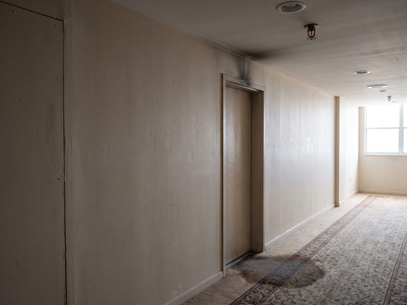 High-rise corridor with faint smoke staining above a doorway and wet carpet beneath a ceiling sprinkler head.
