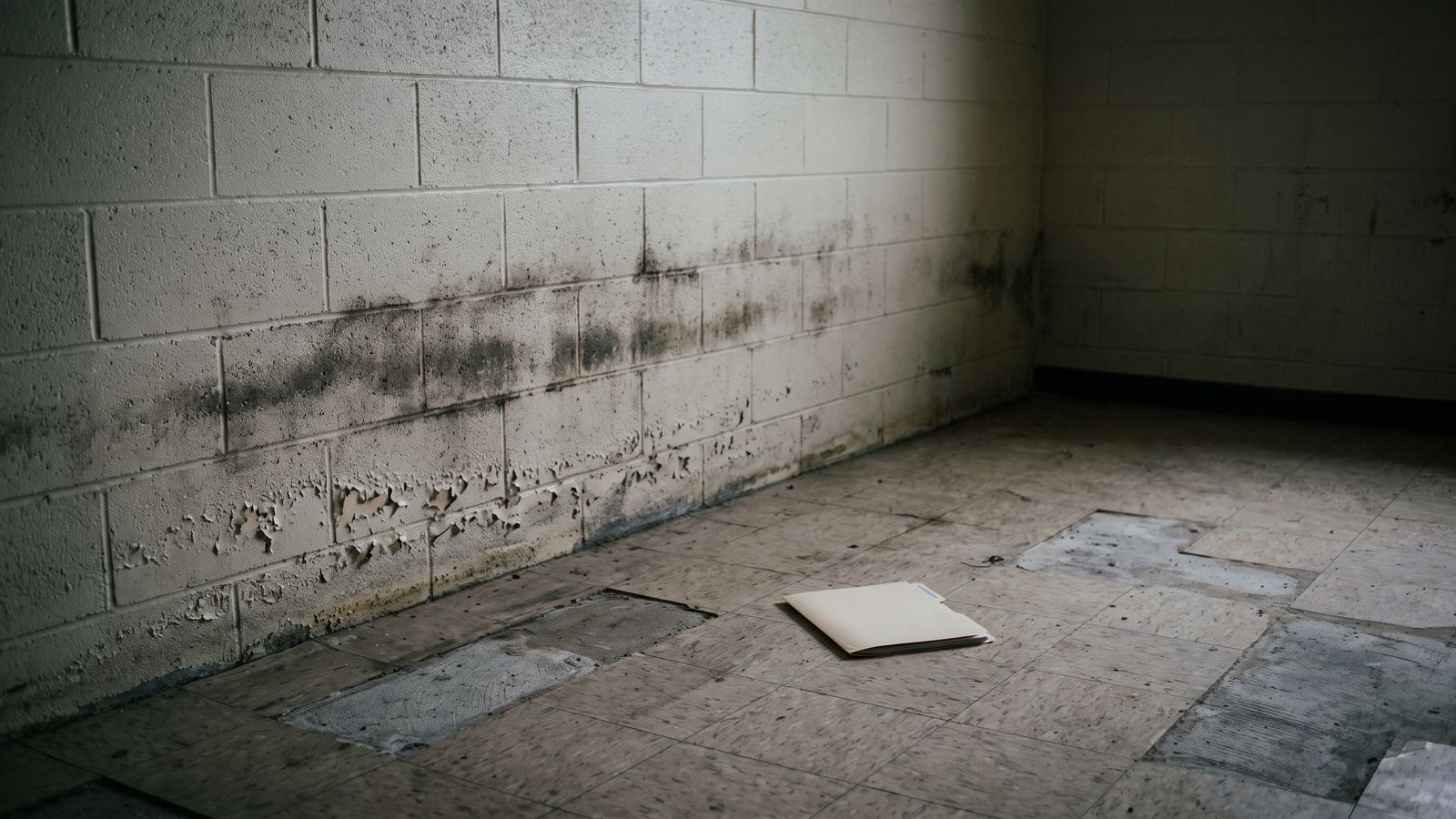 Where Growth Shows Up After a Short Dry-Out Dark staining along the base of a painted concrete block wall above a tile floor, with one closed folder resting on the tile.