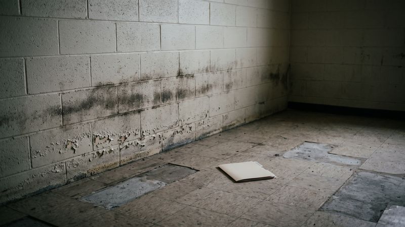 Dark staining along the base of a painted concrete block wall above a tile floor, with one closed folder resting on the tile.