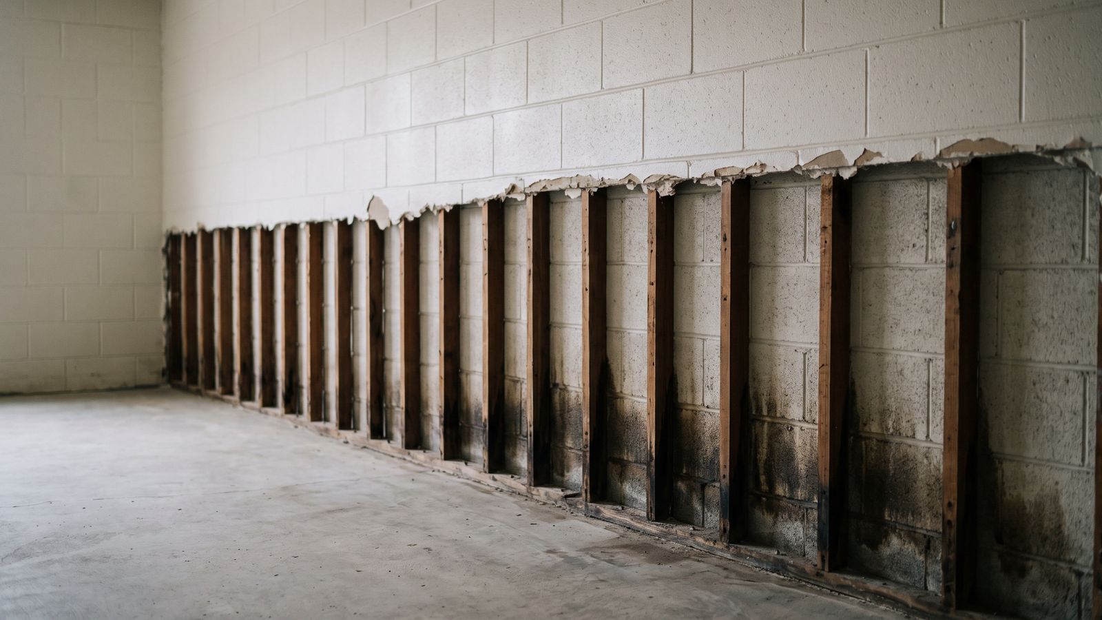 Moisture Held Behind a Finish A painted concrete block wall opened to expose vertical furring strips, stained darker along their base.