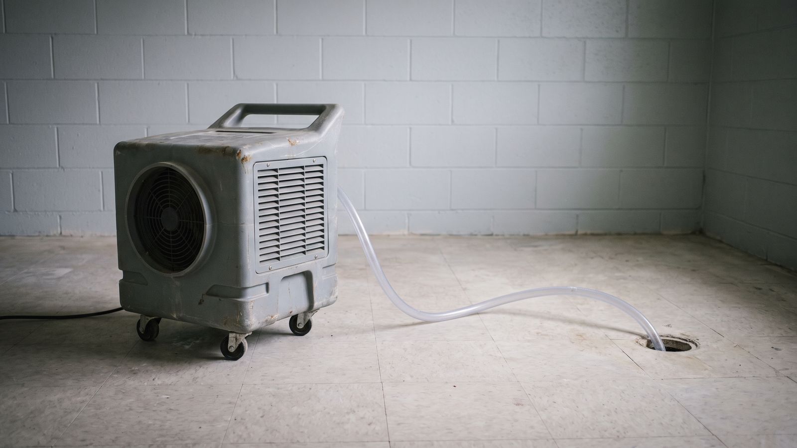 Days on the Floor, Not Days on an Estimate A single dehumidifier on a tile floor with its drain hose running across the floor to a floor drain nearby.