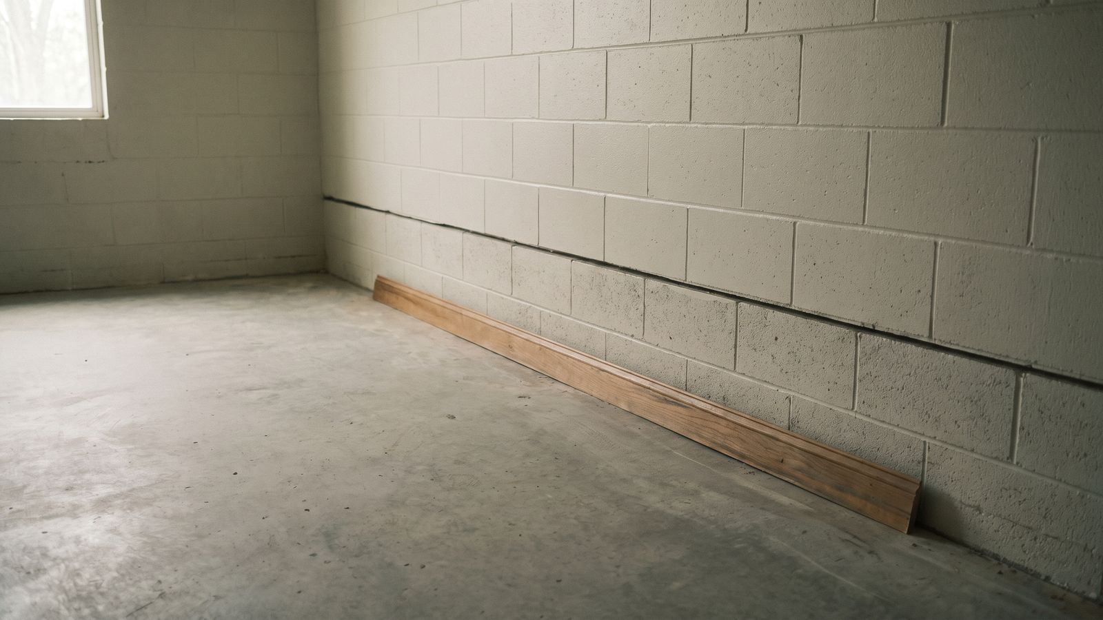 Trim Off the Wall, Floor Left Bare A single length of wood baseboard trim leaning against a painted block wall on a bare concrete floor.