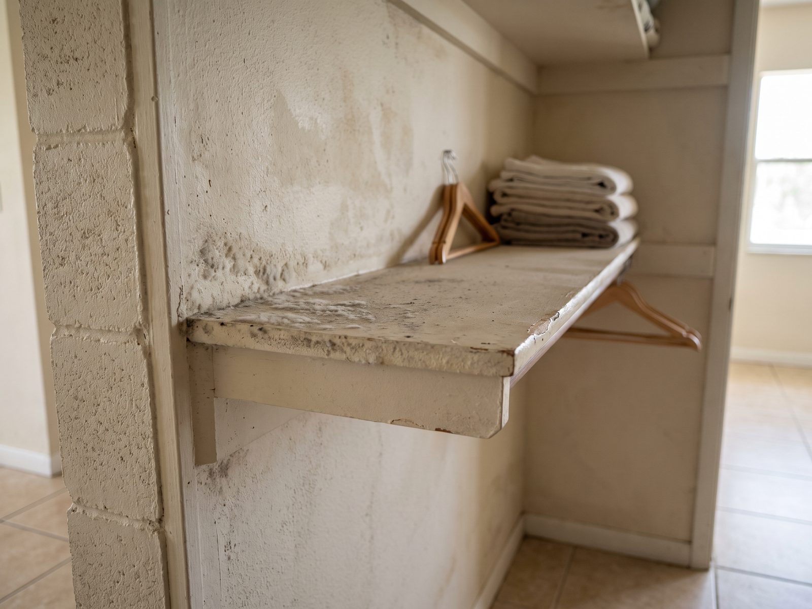 Surface Growth on a Closet Shelf | Restoration Doctor Heavy mold growth covering a closet shelf and the wall above it in a humid South Florida home.