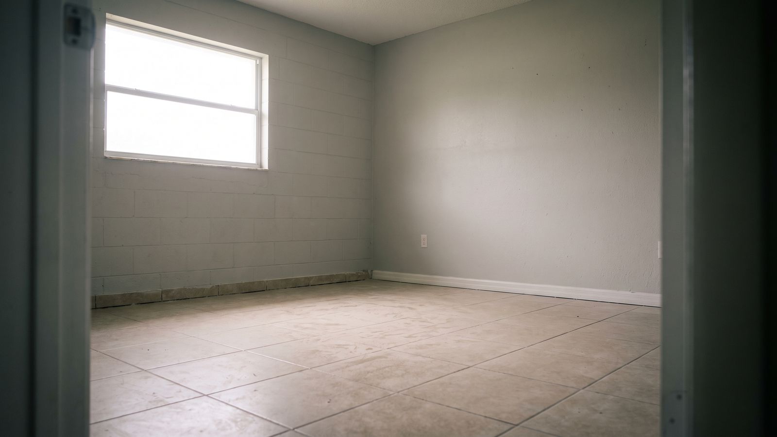 Emptied South Florida bedroom of the kind a mold condition 2 finding describes, dust on tile, baseboard removed.