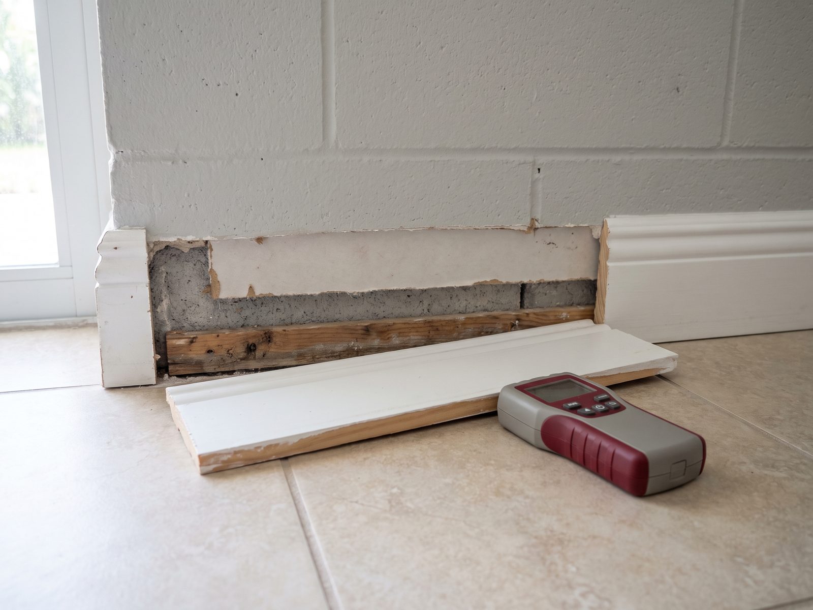 Opening a Small Inspection Area | Restoration Doctor Baseboard removed from a painted block wall, exposing dark growth on the wood plate, with a moisture meter on the tile.