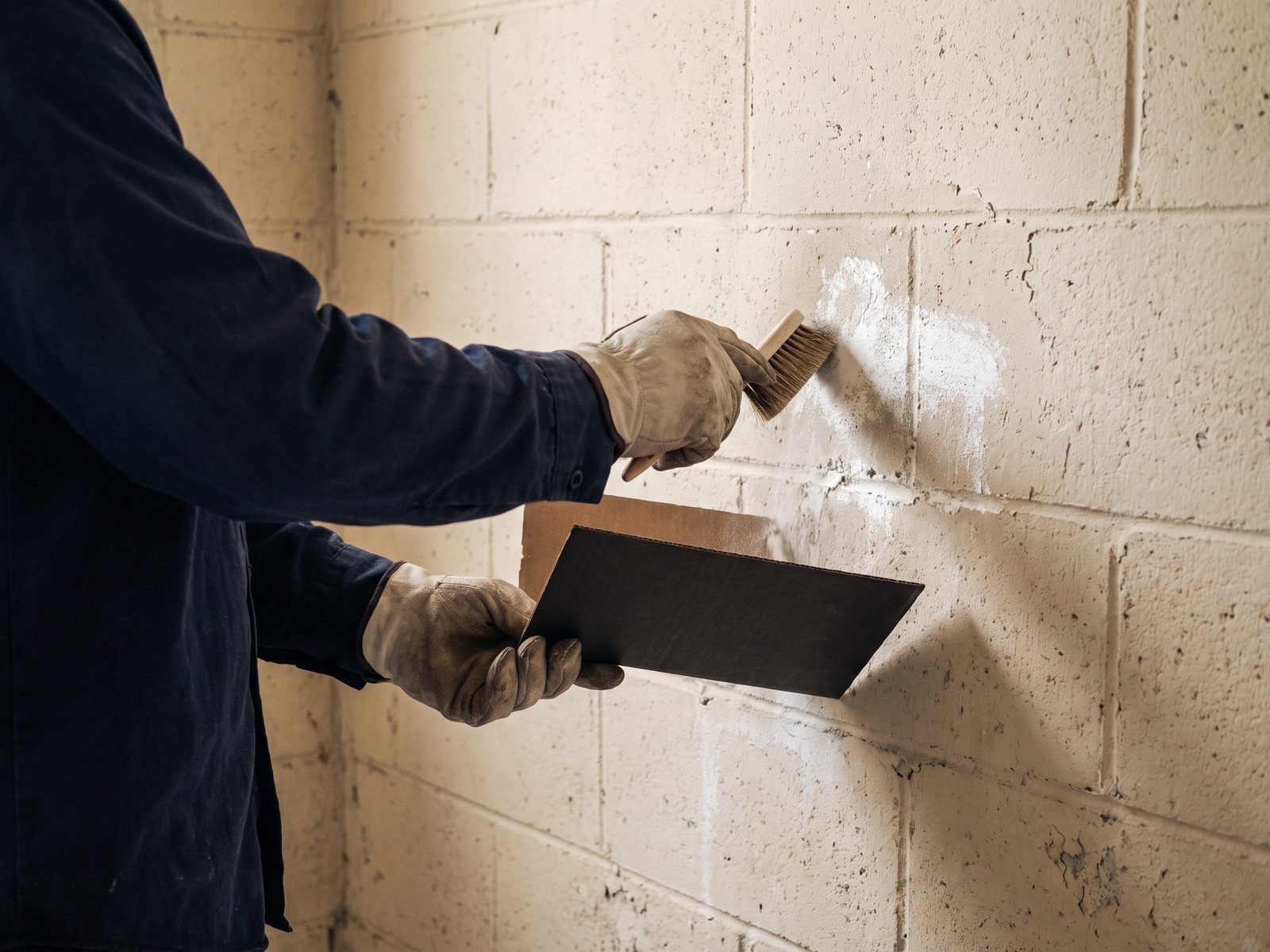Field Test for Efflorescence | Restoration Doctor Gloved hand brushing white deposit from a block wall onto a dark card for a simple field comparison.