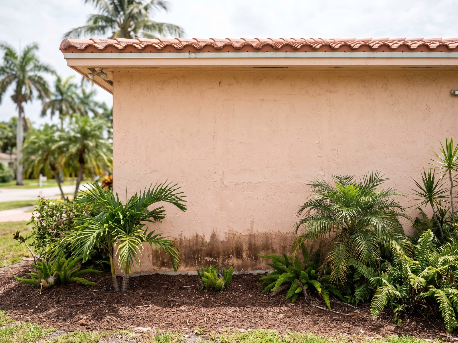 Moisture Path at Grade on Stucco | Restoration Doctor Exterior stucco wall near grade showing a dark damp band beside a garden bed at a coastal Florida home.