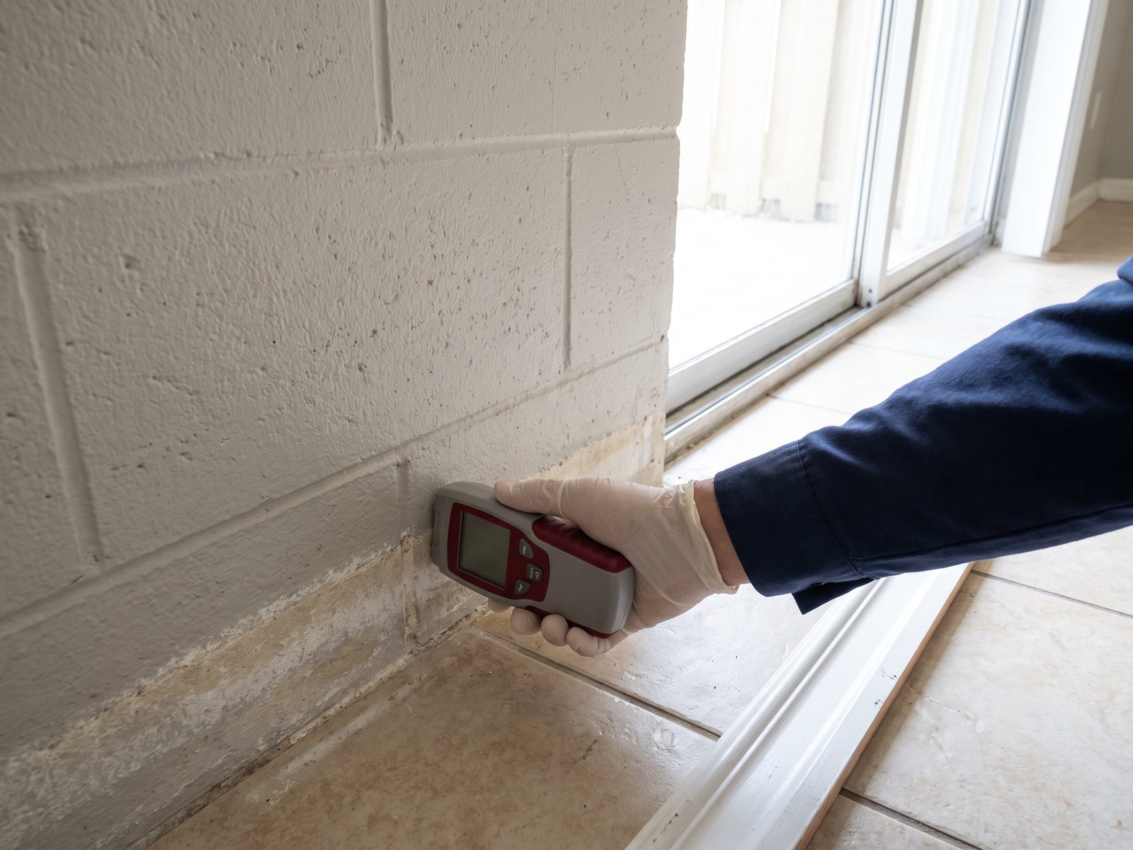 Moisture Reading at a Block Wall Base | Restoration Doctor Gloved hand holding a moisture meter against the stained lower band of a painted concrete block wall.