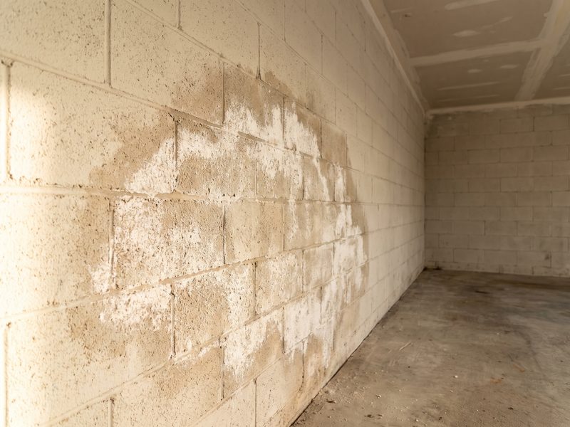 Pale chalky bloom and damp staining across a painted concrete block wall in a garage.