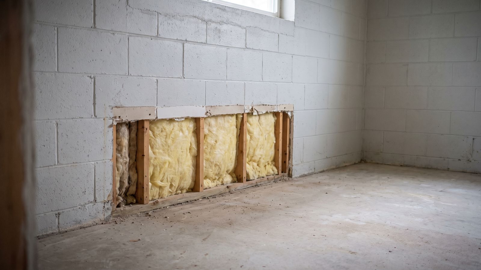 Block, Furring and Drywall in One Opening A painted concrete block wall opened at the base, with vertical wood furring strips and insulation batts exposed inside.