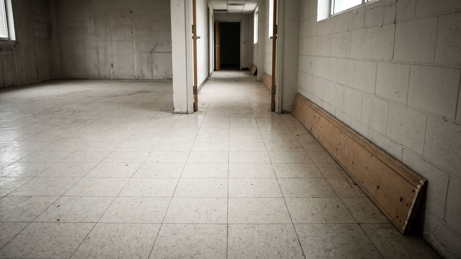 One Floor Crossing Several Rooms A tile floor running unbroken through an open doorway into a hallway, with a lifted baseboard against the block wall.