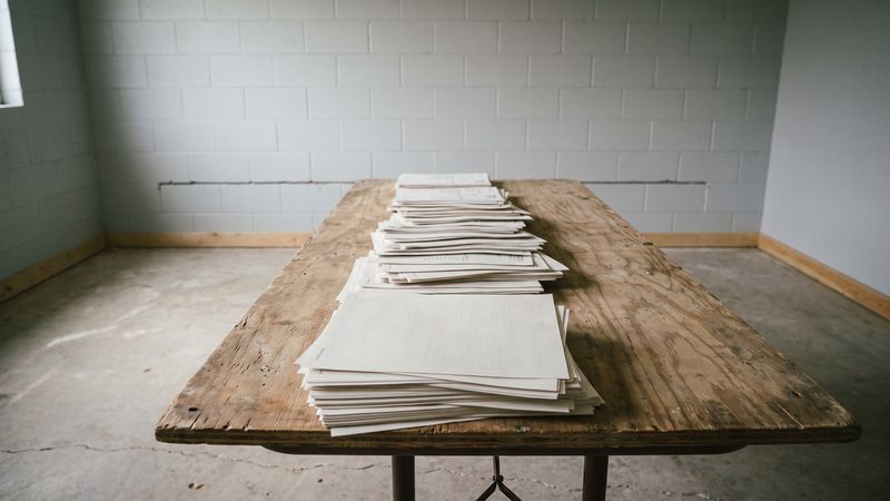 Stacks of printed pages lined up along a plywood table in an empty room, painted block wall and bare concrete floor behind.