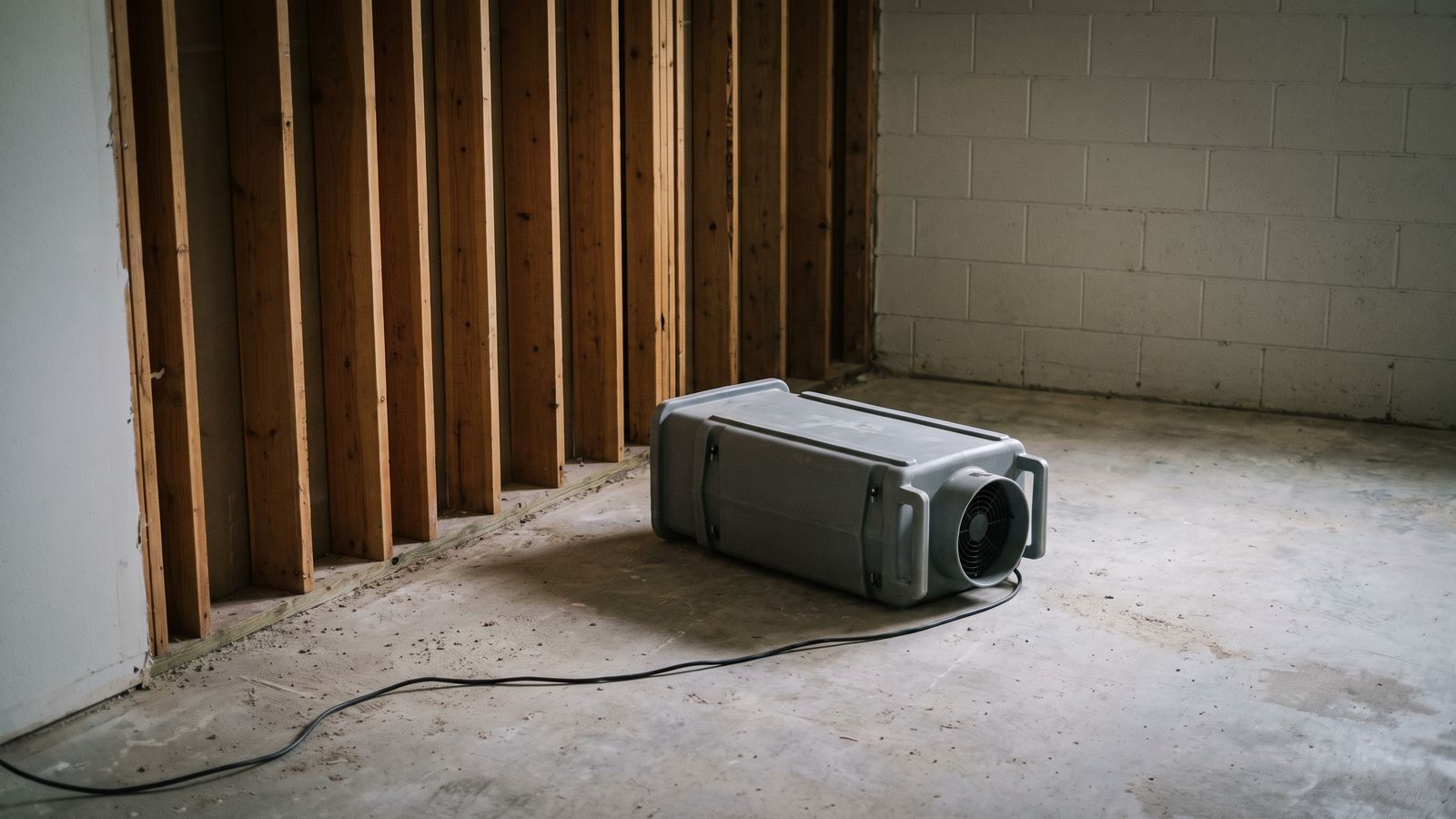 An Air Mover on the Slab Beside a Stripped Wall A gray air mover standing on a bare concrete slab a few feet from a stripped wood stud wall, its cord across the floor.