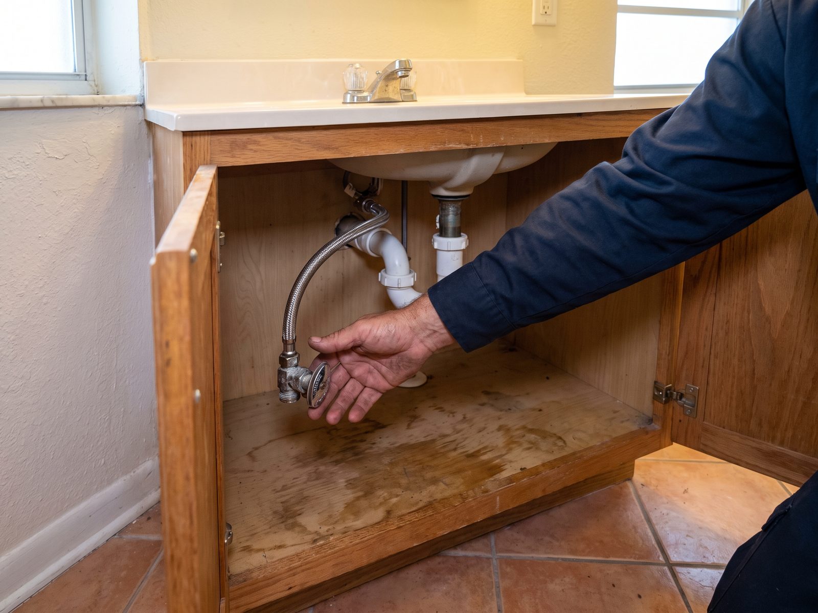 Locating the Shut-Off Under a Vanity | Restoration Doctor Hand reaching toward a shut-off valve and braided supply line under a bathroom vanity.