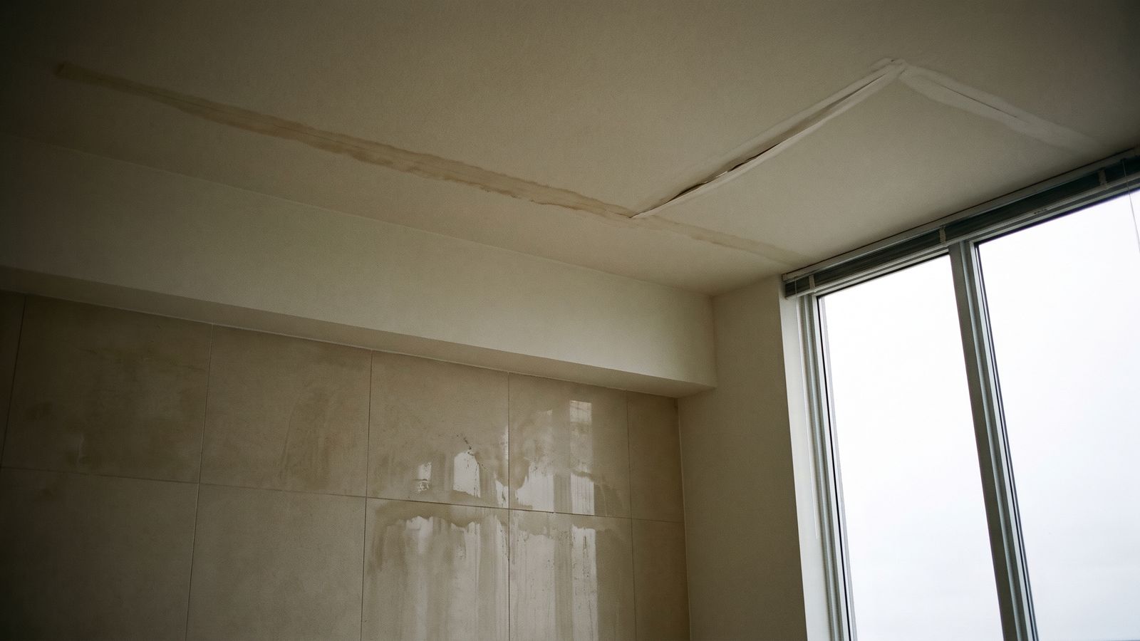 Brown tide line and a split taped seam on a high-rise condo ceiling, with water tracking down the tiled wall below.