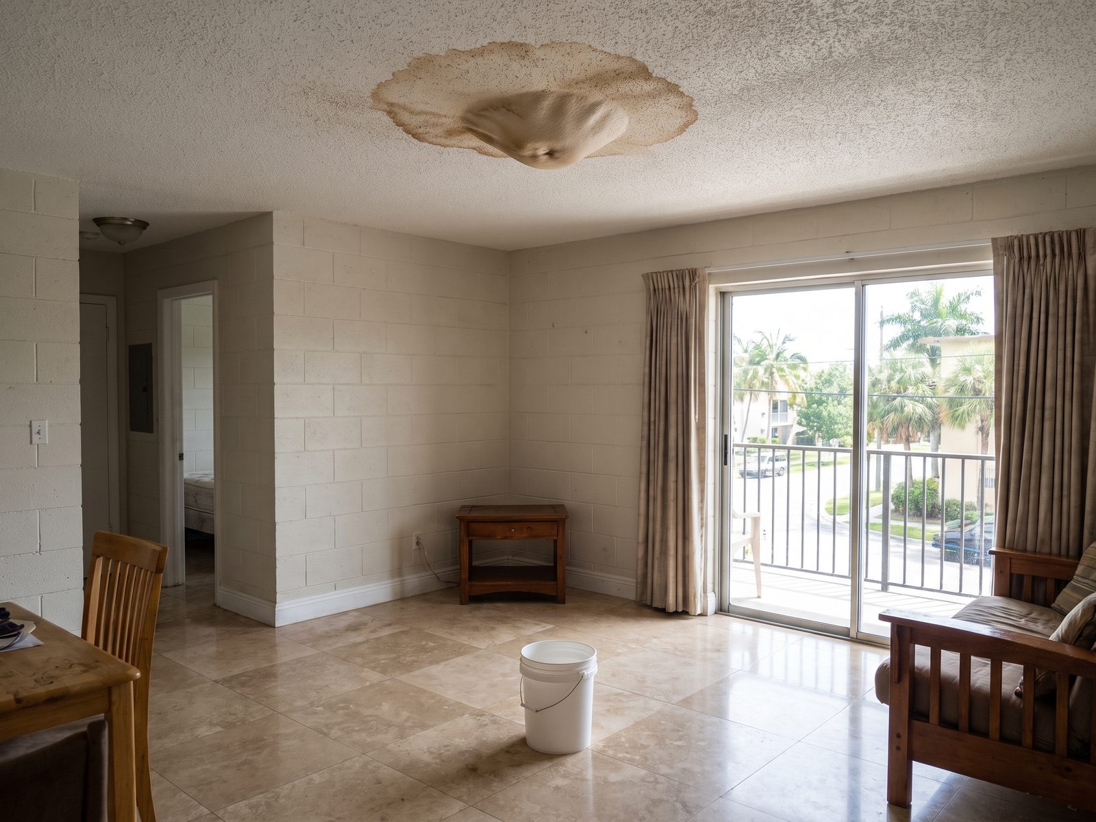 Water staining and a bulge on an apartment ceiling with a bucket on the tile floor below.