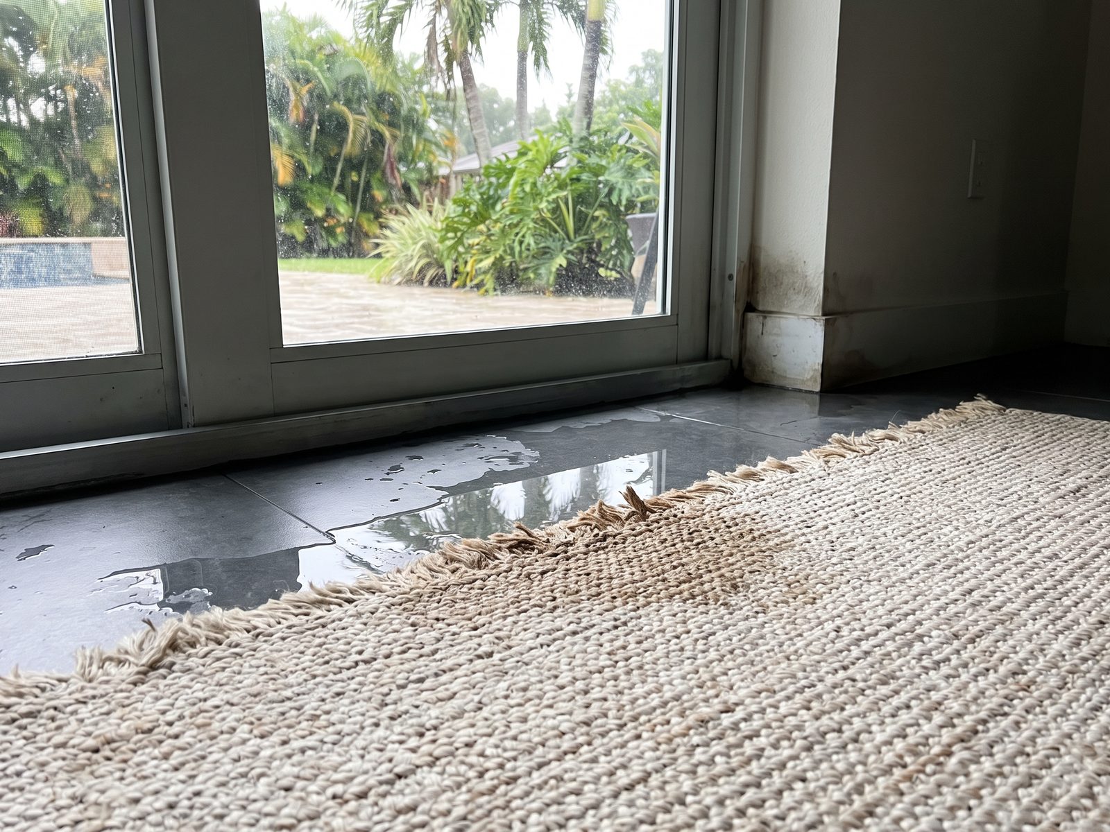 Water crossing a sliding-door threshold onto tile and soaking the edge of a rug in a Florida family room.