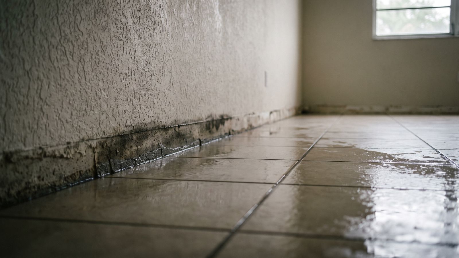 Standing water on tile and a damp tide line at the stripped wall base after a pool overflowing after heavy rain.