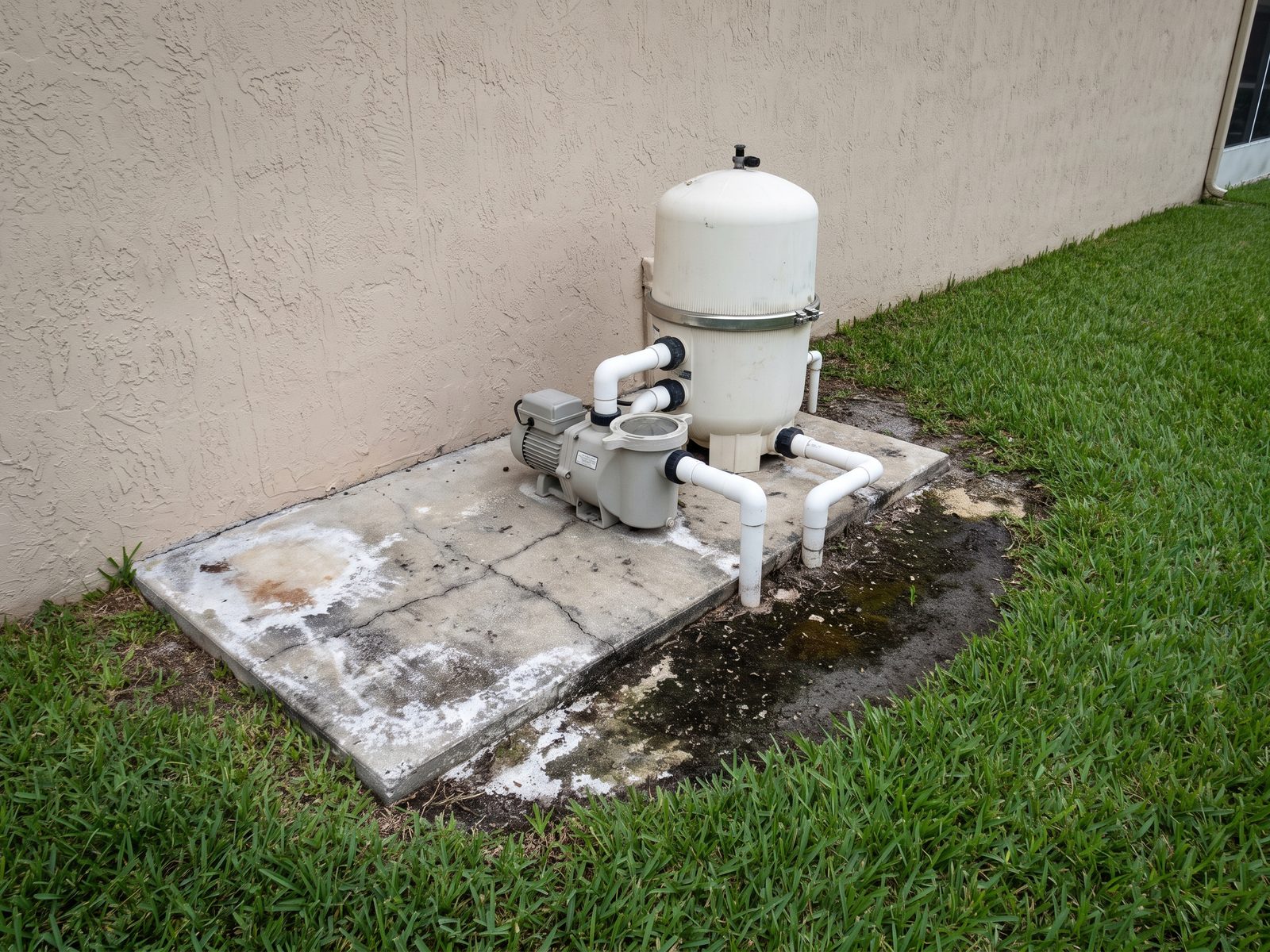 Pool pump and filter on a concrete equipment pad with wet soil along the edge of the pad.