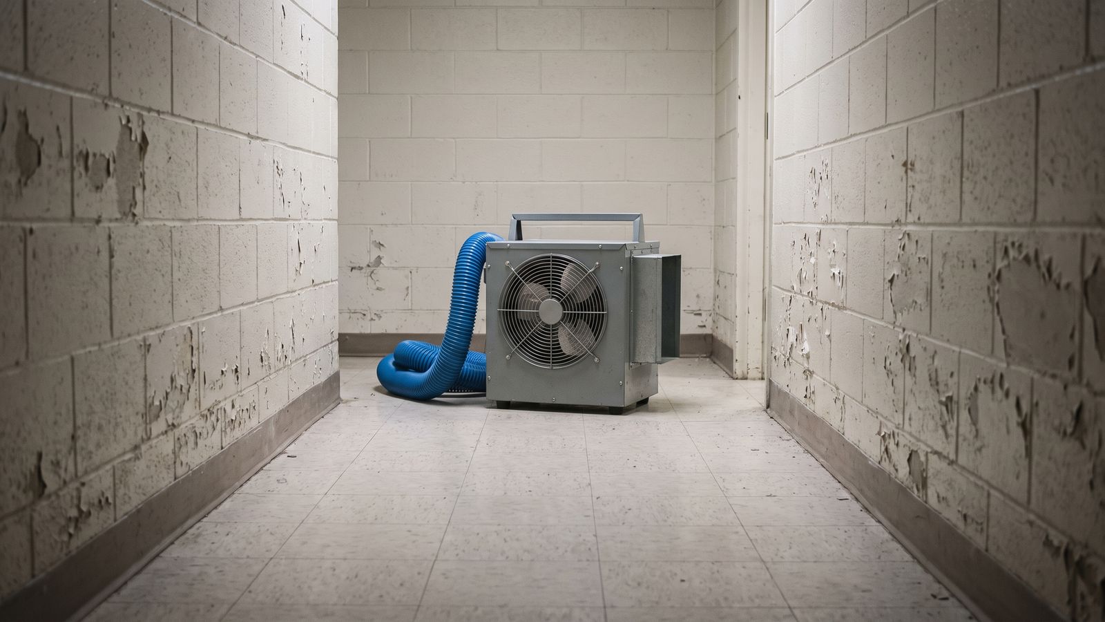 A Drying Machine in a Block Corridor A gray drying machine with a round mesh fan grille and a blue corrugated duct in a peeling block corridor.