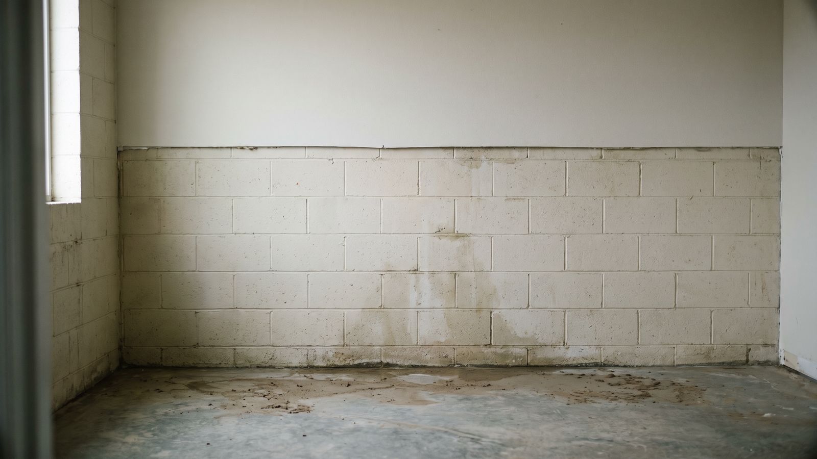 A Cut Line Above Painted Block A painted concrete block wall exposed below a straight cut line in the drywall, with a bare concrete floor.