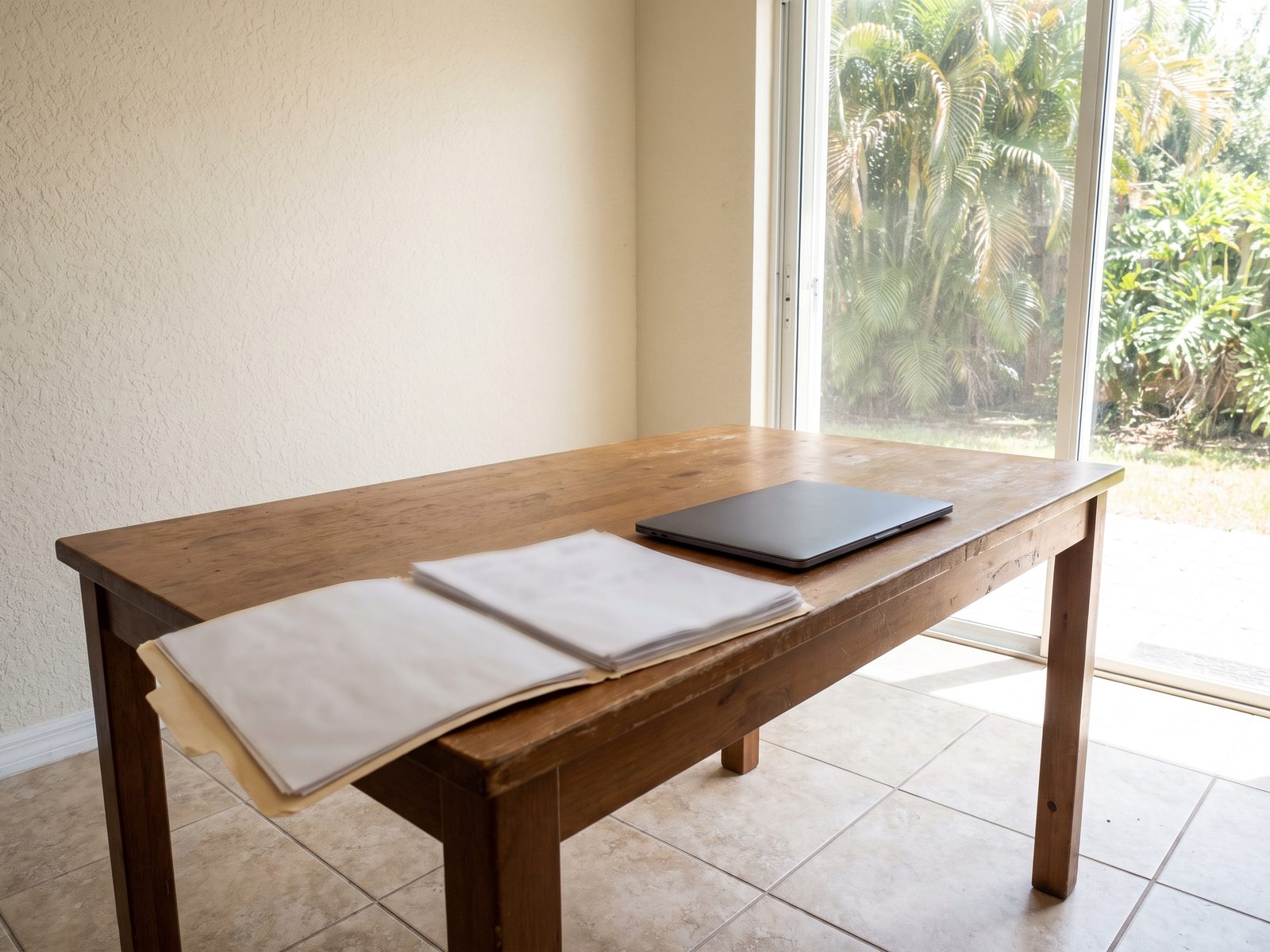 Reviewing Restoration Invoices | Restoration Doctor Open folder of paperwork beside a closed laptop on a wooden table in a Florida home with tile flooring.