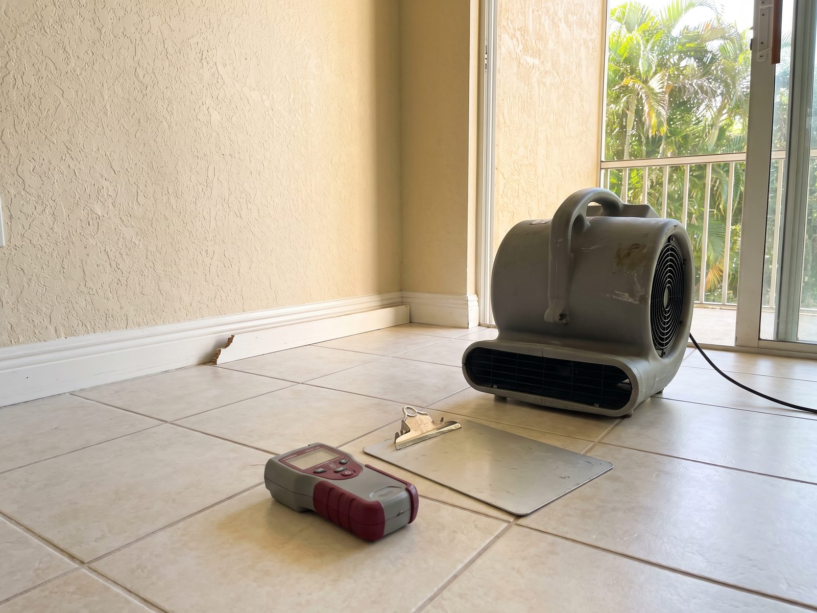 Documentation Behind the Mitigation Invoice | Restoration Doctor Moisture meter and a clipboard on a tiled floor beside a grey air mover in a sunlit South Florida room.
