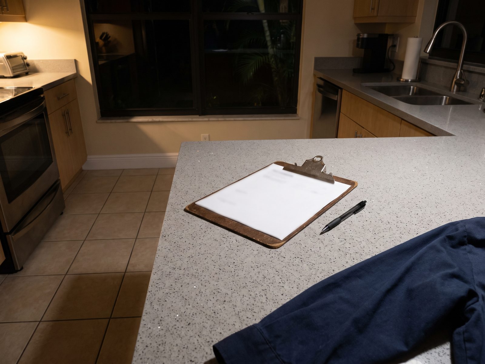 Work authorization on a clipboard beside a pen on a kitchen counter at night in a South Florida home.