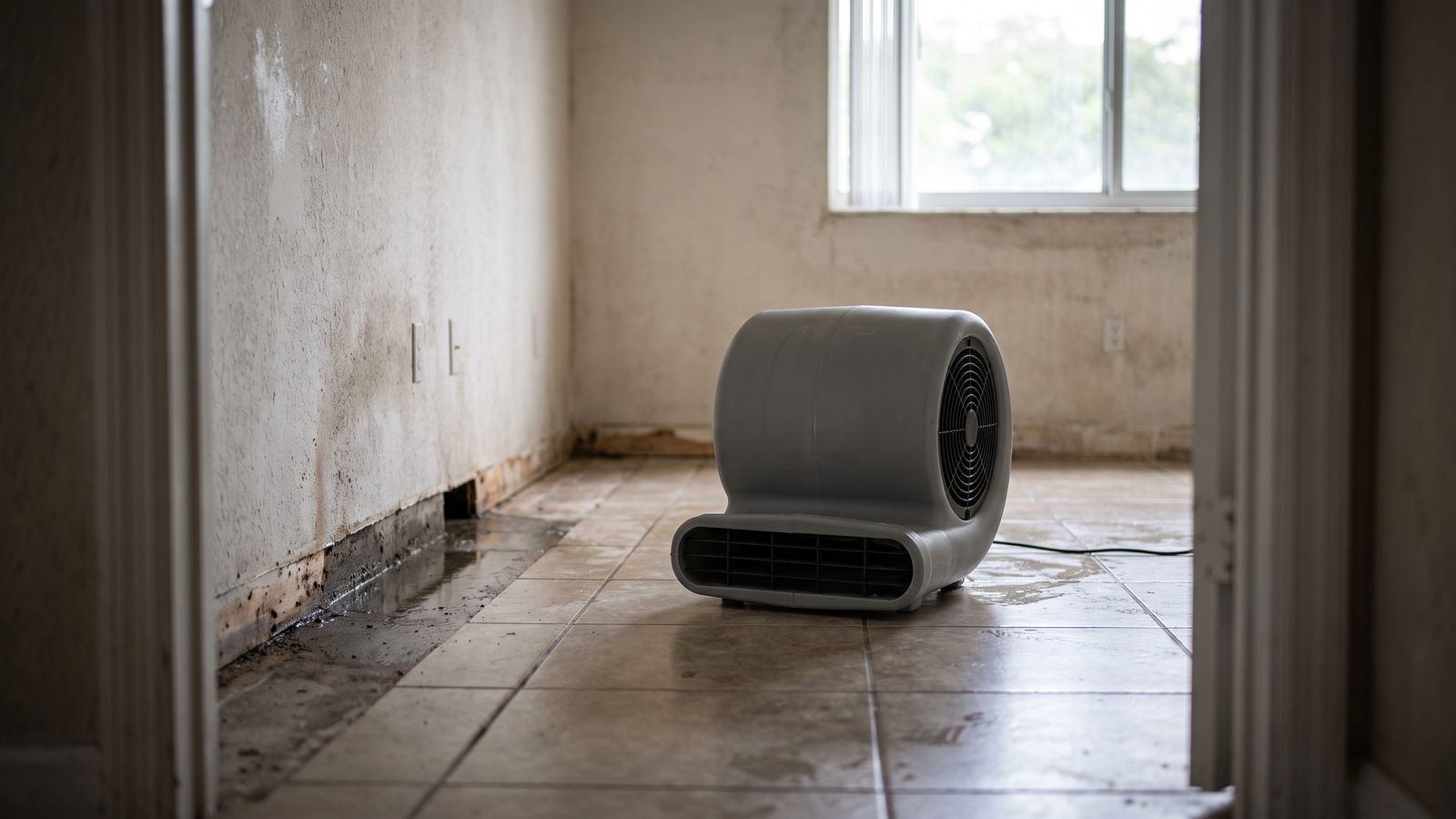 Starting Drying on a Florida Water Loss | Restoration Doctor Air mover running on wet tile beside a dark-stained wall base showing secondary damage after a water loss.